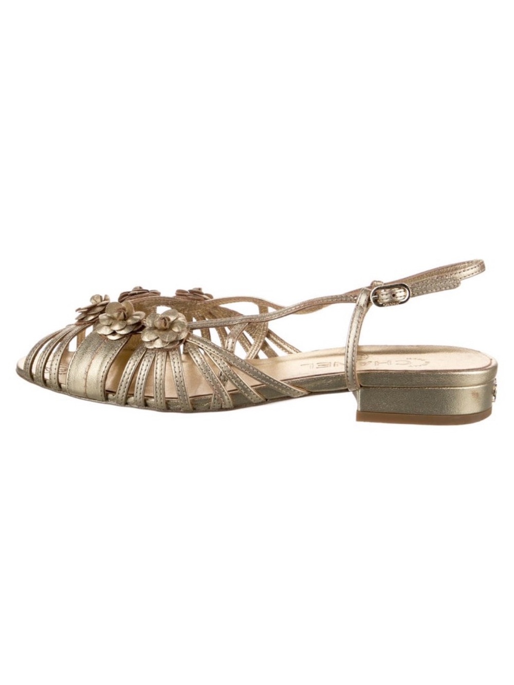 CHANEL 2021 Metallic Gold Floral Strappy Slingback Sandals